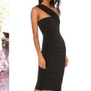 Black ruched Nookie Temptation one shoulder midi dress NWT